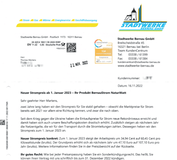 Ankündigung einer Preiserhöhung durch die Stadtwerke Bernau
